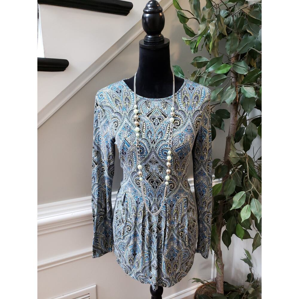J Jill Wearever Tunic Top Women XS Blue Black Paisley Rayon Stretch Boho Casual